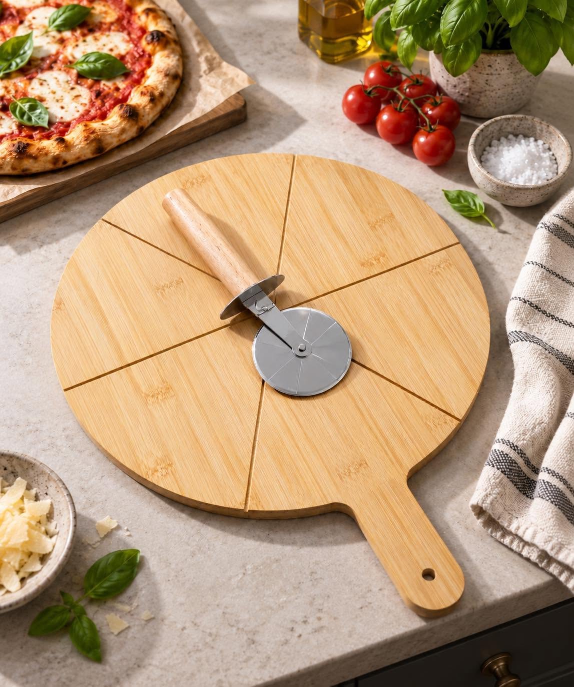 Deska do pizzy z nożem do pizzy – drewno FSC
