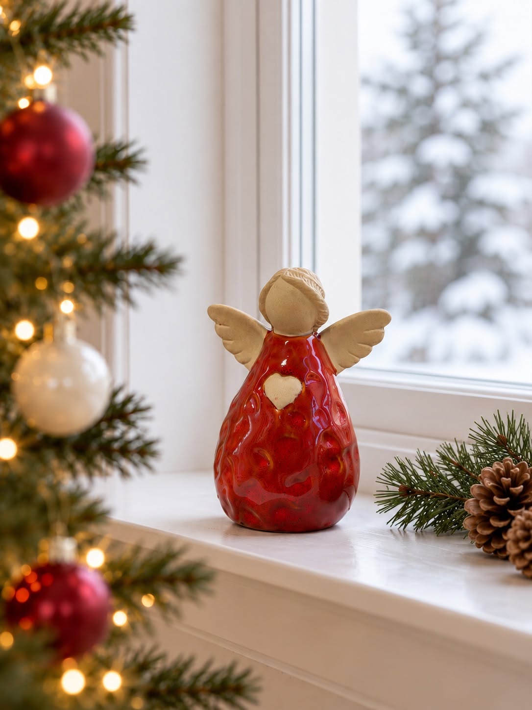 Anioł ceramiczny – czerwony i beżowy